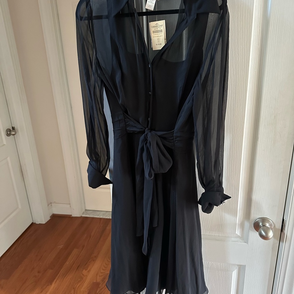Coldwater Creek Sheer Silk Black Wrap Tie Front Dress